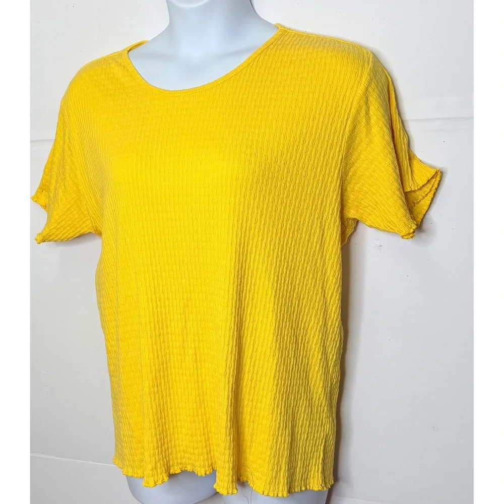 AK America Textured Ribbed Top Women 22/24 Yellow Lettuce Edge Trim Work Casual - Picture 3 of 7